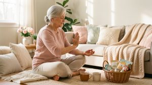 Une femme de 82 ans aux cheveux argentés pratique des étirements doux assise dans un salon lumineux, entourée de coussins, d’une tisane, de fleurs fraîches et de petits cadeaux bien-être.