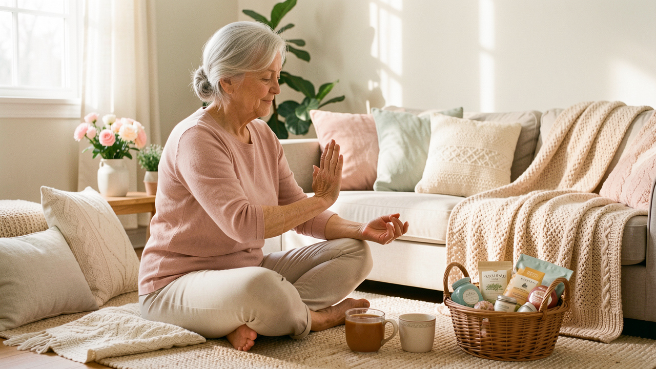 Une femme de 82 ans aux cheveux argentés pratique des étirements doux assise dans un salon lumineux, entourée de coussins, d’une tisane, de fleurs fraîches et de petits cadeaux bien-être.