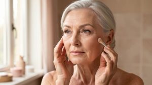 Femme de 67 ans aux cheveux argentés appliquant délicatement un maquillage léger sur une peau mature aux ridules visibles, éclairée par une lumière naturelle et chaleureuse.