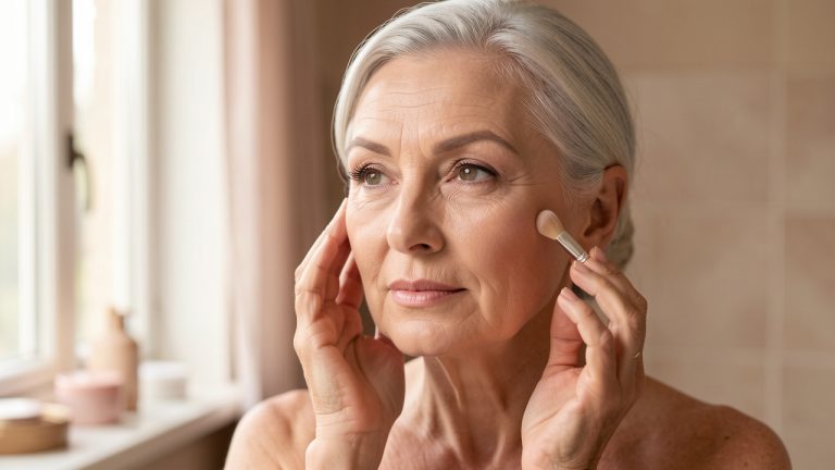 Femme de 67 ans aux cheveux argentés appliquant délicatement un maquillage léger sur une peau mature aux ridules visibles, éclairée par une lumière naturelle et chaleureuse.