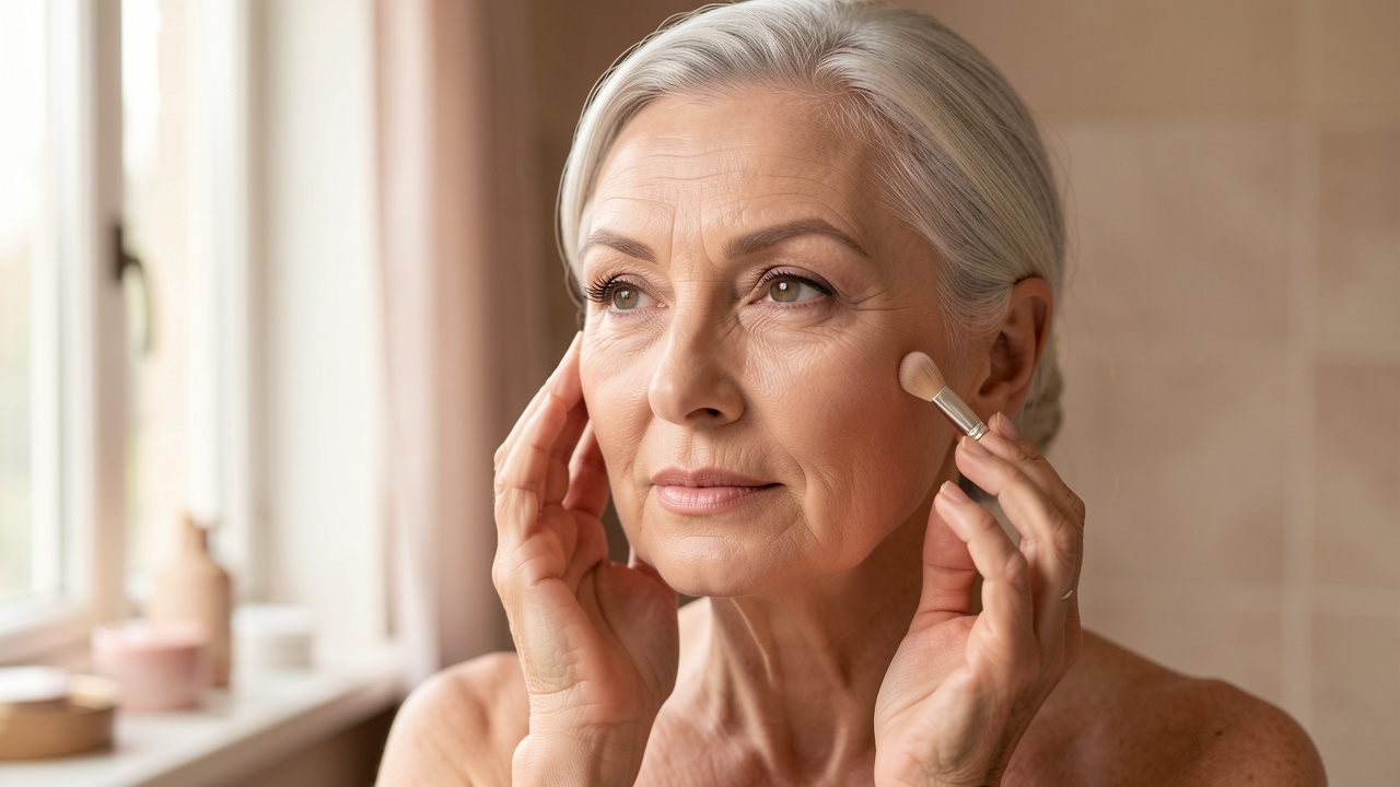 Femme de 67 ans aux cheveux argentés appliquant délicatement un maquillage léger sur une peau mature aux ridules visibles, éclairée par une lumière naturelle et chaleureuse.