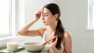 Une jeune femme aux cheveux bruns suit une routine de soins dans une salle de bains lumineuse, avec une attention portée aux racines et aux pointes.