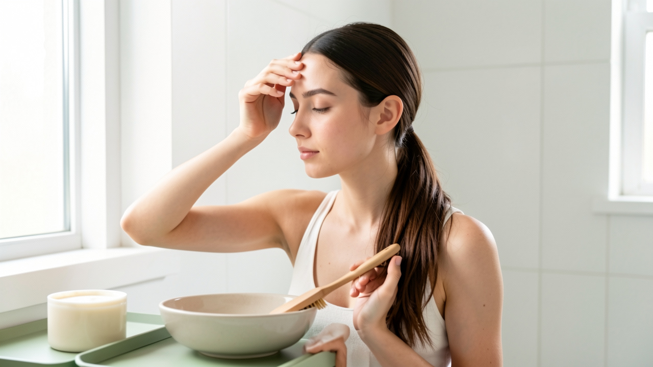 Une jeune femme aux cheveux bruns suit une routine de soins dans une salle de bains lumineuse, avec une attention portée aux racines et aux pointes.