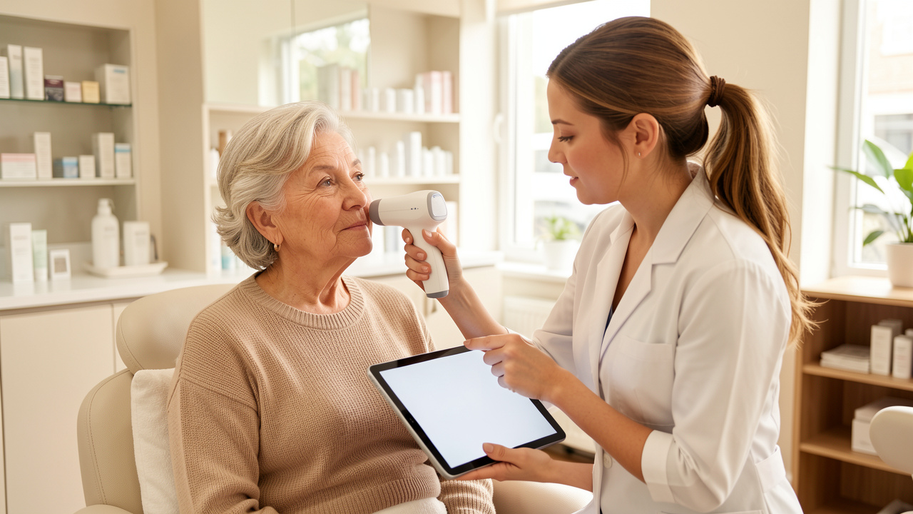 Une femme de plus de 60 ans fait analyser délicatement sa peau par une conseillère dans un institut lumineux, à l’aide d’un appareil à capteurs et d’une tablette.