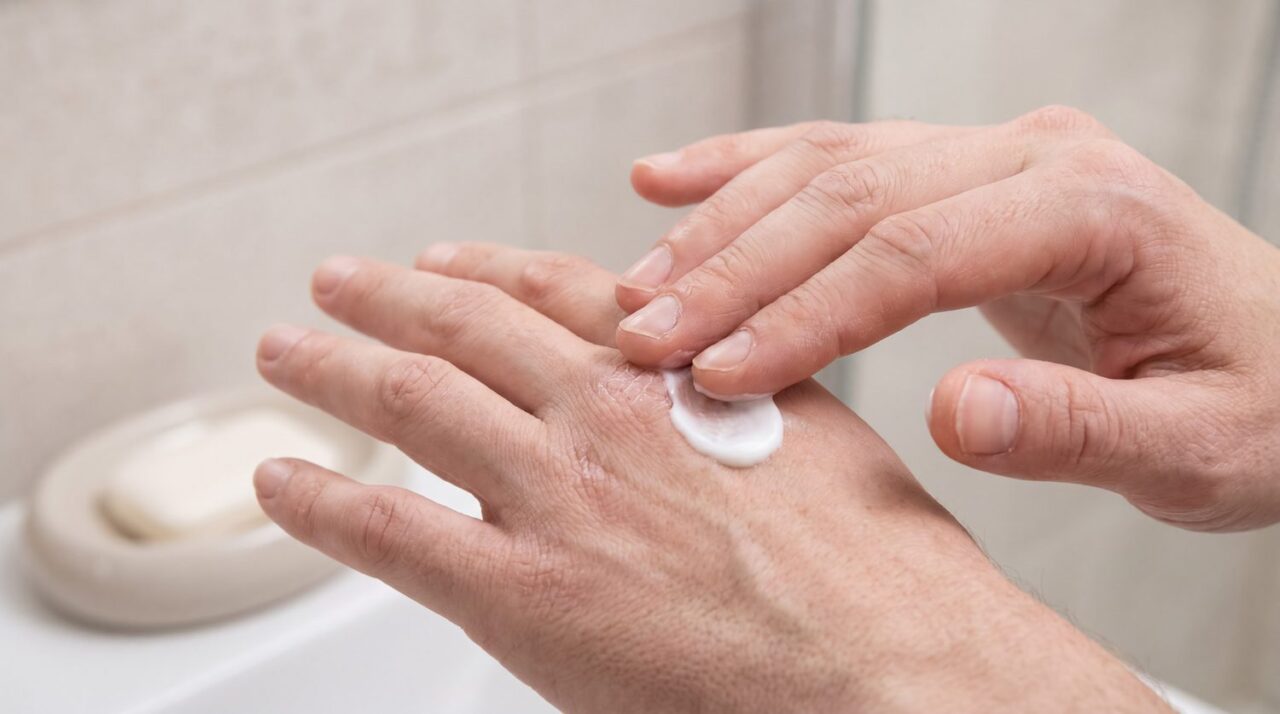 Personne appliquant délicatement une crème apaisante sur une zone irritée de la peau.